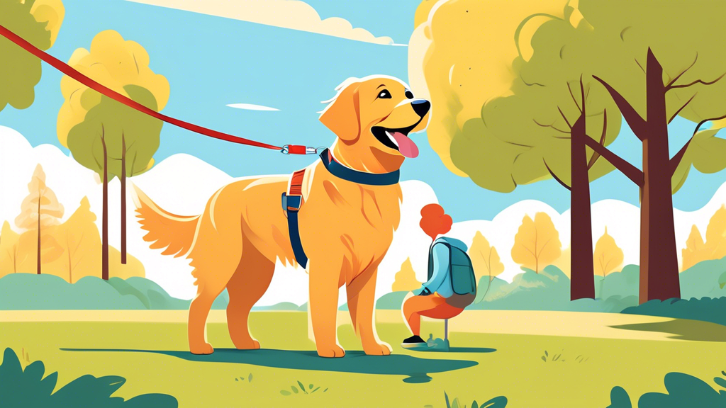 Create an illustration of a happy dog, such as a Golden Retriever, wearing a stylish and comfortable harness and leash set. The dog is standing in a bright, grassy park with trees and a clear blue sky