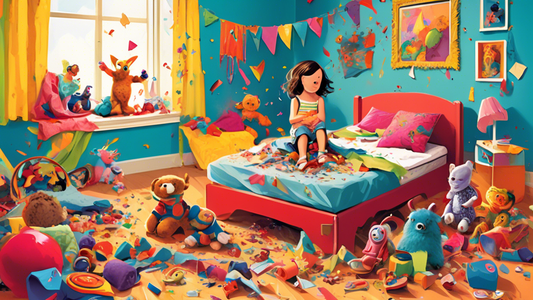 An illustration of a variety of whimsical, colorful 'Tearribles' toys engaged in playful destruction in a child's brightly decorated bedroom, with torn pieces of fabric and stuffing scattered around, 