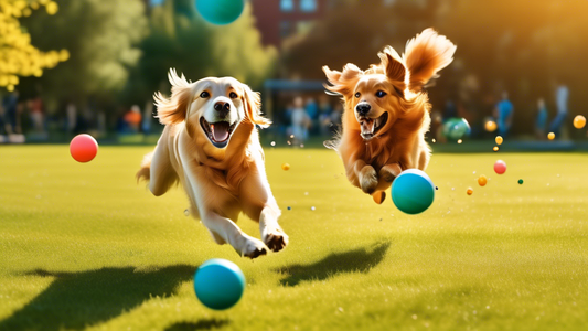 Create an image of a playful, energetic dog in a sunny park, enthusiastically chasing a brightly colored Chuckit Ball. The dog, a golden retriever, leaps mid-air with a joyful expression, the Chuckit 