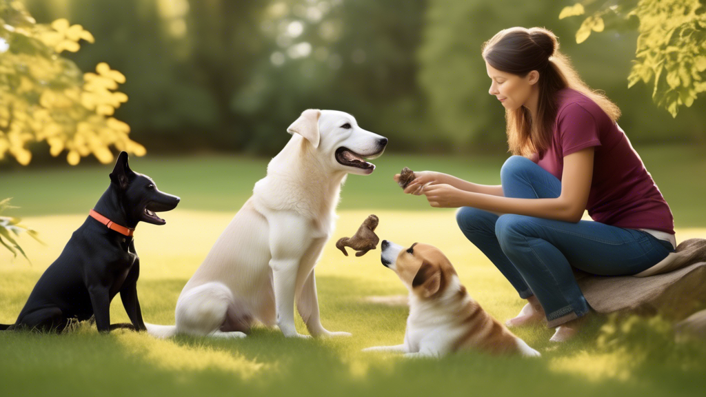 Create an image of a canine behaviorist in a serene outdoor setting interacting with a variety of dog breeds. The behaviorist should be demonstrating positive reinforcement training techniques, such a
