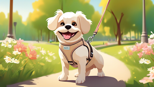 A happy, medium-sized dog wearing a stylish beige harness while walking in a picturesque park. The harness is comfortably fitted and made of durable material. The scene is sunny, with green grass and 