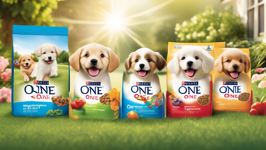 Create an image featuring a group of happy, healthy puppies of various breeds joyfully playing in a vibrant, sunlit garden. Highlight a bag of Purina ONE Puppy Food prominently in the foreground, with