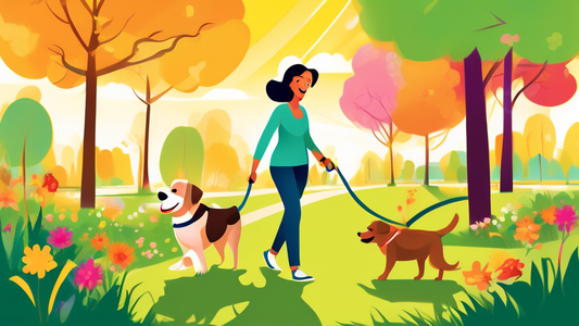 Create an image of a cheerful owner training their enthusiastic dog to walk on a leash in a colorful park. The owner is holding a leash and offering treats as rewards, while the dog responds attentive