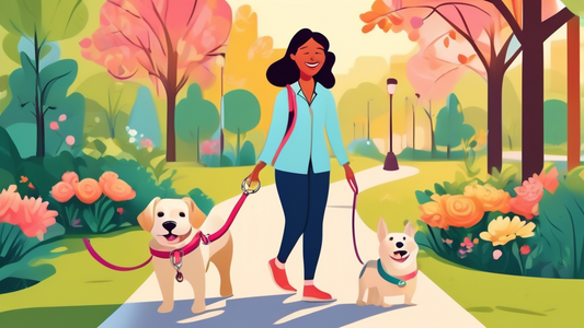 Create a vibrant and detailed image showcasing a happy dog wearing a high-quality collar and leash set while walking with its owner in a beautiful park. The collar and leash should display premium mat