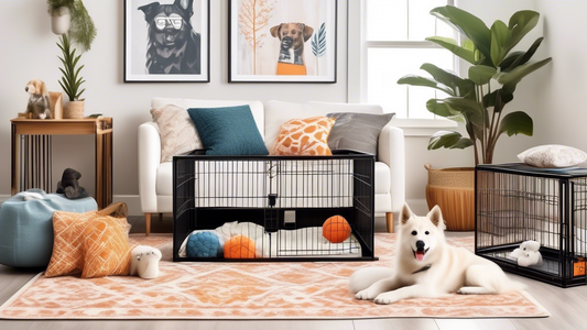 Create a detailed image of a bright, cozy living room featuring various 48-inch dog crates. Each crate is displayed with thoughtful design elements such as soft bedding, toys, and ventilation. Showcas
