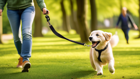 Create an image of a happy dog and its owner during a training session in a sunny park. The owner is using a Halti Double Ended Lead to guide the dog smoothly through a series of basic commands. The m