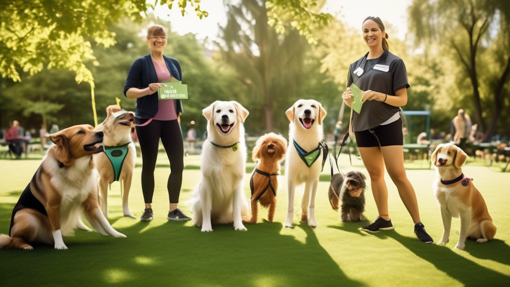 Create an image of a cheerful dog training class led by a professional trainer with the name tag 'Baxter,' and a friendly assistant named 'Bella.' The class includes various dog breeds and their owner