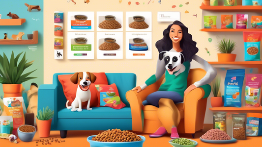 Create a detailed and vibrant image of a variety of dog food options showcased on a computer screen displaying PetSmart.com, with a happy dog sitting nearby and a pet owner browsing the website. The b