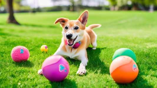 Create an image of happy, playful dogs of various breeds with West Paw dog toys scattered around a vibrant and colorful park. The dogs are engaged with different types of West Paw toys, such as balls,