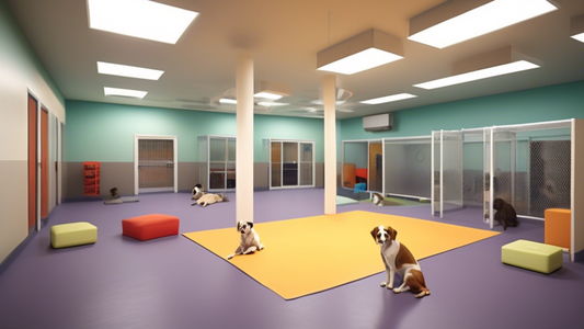 Create an image of a specialized dog boarding facility designed for reactive dogs. The facility should include individual, soundproofed rooms for each dog to reduce stress, a variety of calming toys a