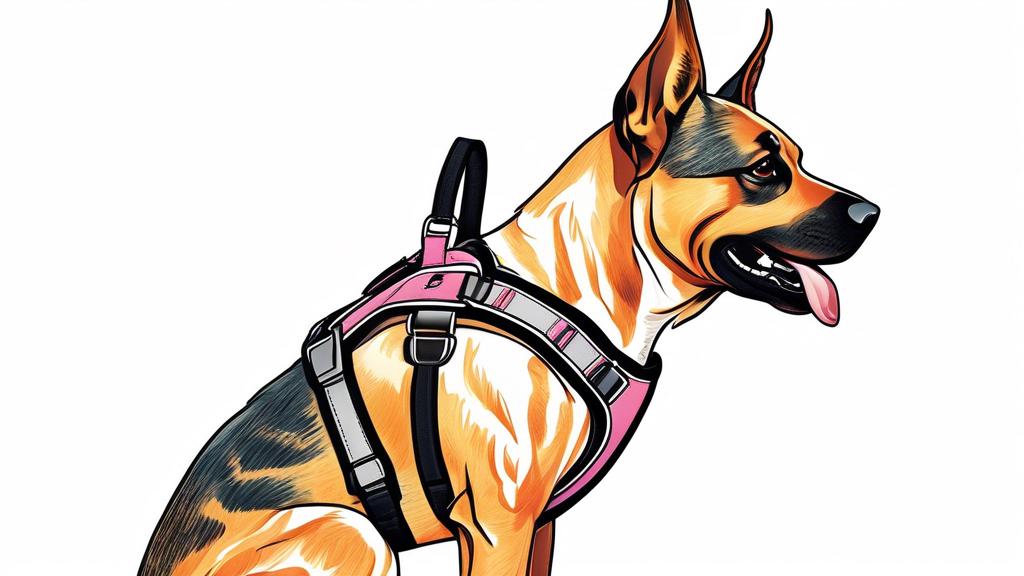 Create a vibrant and detailed illustration of a happy dog wearing a high-quality Julius K9 harness. The scene should include various types of Julius K9 harnesses displayed on a stylish rack in the bac