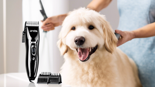 A happy dog being groomed with Andis 2-Speed Dog Clippers in a bright, clean home environment. The scene captures the ease and effectiveness of the grooming process, showcasing the clippers' sleek des