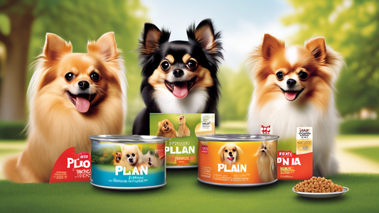 Create an image of happy, energetic toy breed dogs like Chihuahuas and Pomeranians enjoying a scenic park setting. Show them engaging with bowls of Purina Pro Plan dog food, with clear branding and pa