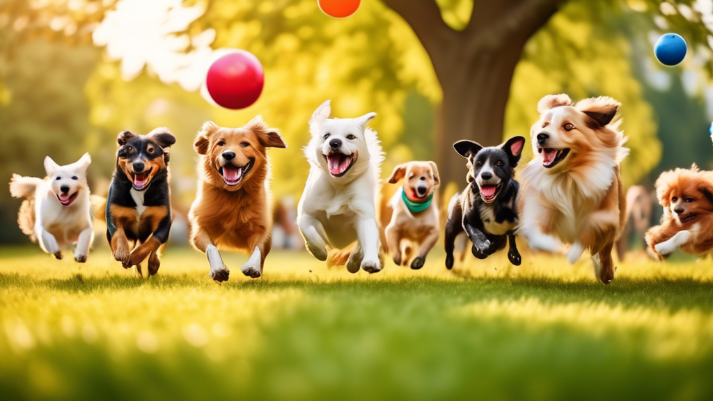 A vibrant, sunlit outdoor scene featuring several happy dogs of different breeds playing energetically with colorful, durable Jolly Balls in a grassy park. The dogs are jumping, running, and rolling o