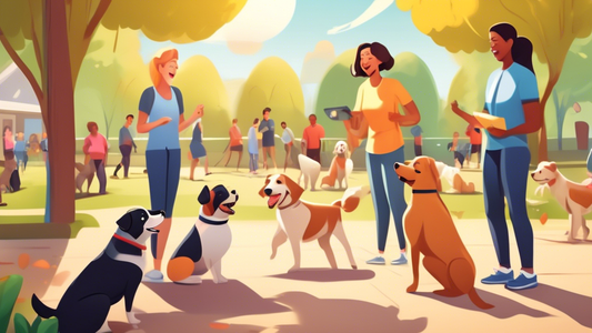 A cheerful, sunny park setting where various dogs of different breeds and sizes are being trained. The scene includes trainers using positive reinforcement techniques such as treats and clickers, dogs
