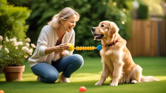 A heartwarming scene with a young Golden Retriever puppy and its owner in a spacious backyard. The owner is using treats and toys to engage the puppy, demonstrating essential training techniques like 