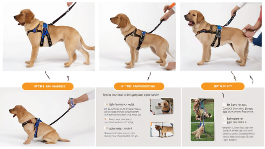 Create an image showcasing a step-by-step guide to using a step-in harness for a pet. The image should feature a friendly pet, such as a dog or cat, with numbered steps illustrated in a clear and easy