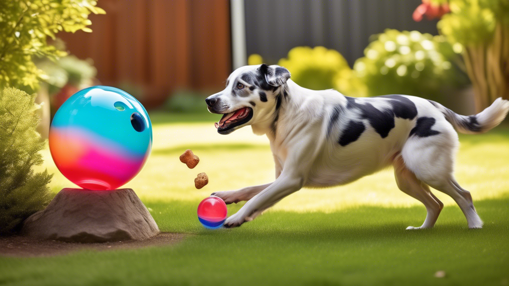 Create an image of a playful dog in a brightly colored backyard, enthusiastically interacting with a vibrant, treat-dispensing ball toy. The ball has a transparent section showing a few treats inside,