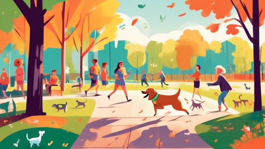 A serene park setting with a happy dog running freely without a leash. The dog is making eye contact with its owner, who is holding a treat and giving a command. The background features other dogs pla