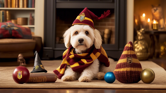 Create an image of a playful, cozy living room filled with magical Harry Potter-themed dog toys. Include elements like a plush Golden Snitch, a squeaky Sorting Hat, and a chewable wand. A happy dog, p