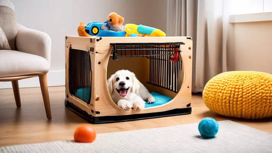 Create an image of a cozy dog crate filled with a variety of top-rated toys, including a chew toy, a squeaky toy, a plush toy, and a treat-dispensing puzzle toy. The crate should be situated in a comf