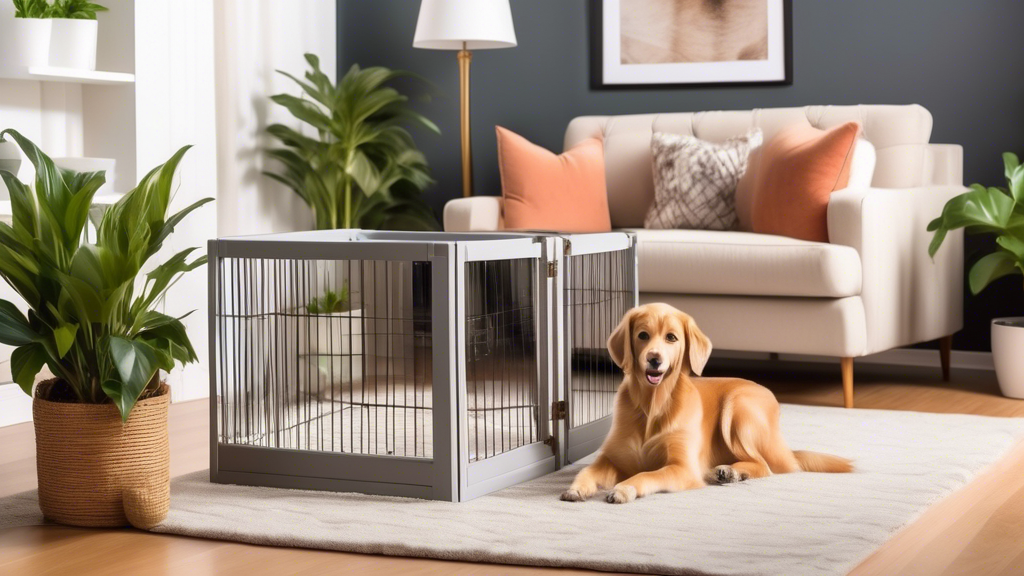 Create an image of a cozy, well-lit living room showcasing a variety of stylish and spacious indoor dog pens. Each pen has a cheerful, content dog inside, along with comfy bedding, toys, and feeding b