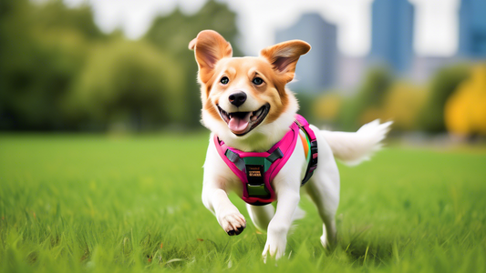Create an image of a happy dog wearing a vibrant, colorful Biothane harness while exploring a lush, scenic park. The harness should be clean, lightweight, and visibly durable, showcasing its waterproo
