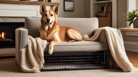Create an image of a cozy, stylish living room with an Orvis dog crate prominently placed in the corner. The crate is open, showing a content and happy dog lounging inside on a plush bed. Include tast