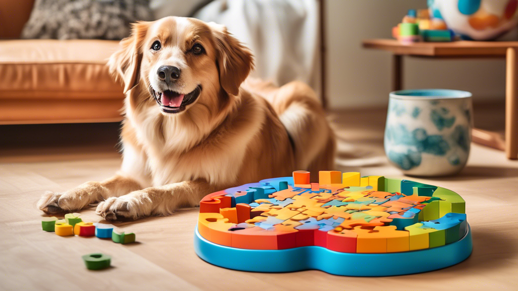 Create an image that showcases a happy dog interacting with a colorful and mentally stimulating puzzle feeder. The background should be a cozy home setting with elements that indicate the dog's well-b