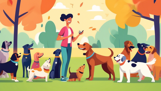 Create an image of a friendly dog trainer in a park, surrounded by happy, attentive dogs of various breeds. The trainer is holding a clicker in one hand and treating a dog with the other, demonstratin