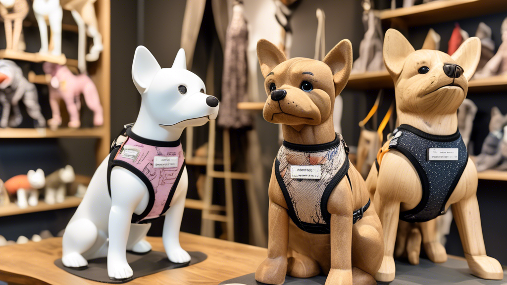 Create an image of a carefully curated selection of various XS dog harnesses, displayed on mannequins shaped like different small dog breeds. The setting is a cozy pet boutique with natural lighting a