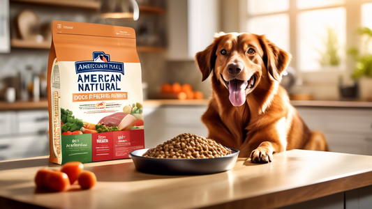 Create an image of a happy, healthy dog eagerly eating from a bowl labeled 'American Natural Premium Dog Food' in a beautiful, sunlit kitchen. Include elements that suggest the food is high-quality an