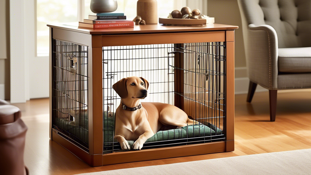 Create an image of a cozy, high-quality dog crate by LL Bean placed in a stylish living room. Highlight its key features such as a sturdy frame, comfortable padding, an easy-to-clean removable tray, a