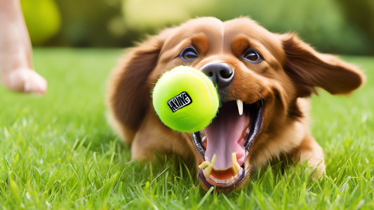 Create an image of a happy, playful dog interacting with a vibrant and durable Kong Squeakair toy in a grassy park setting. The toy should be in the shape of a classic tennis ball but with a fun twist