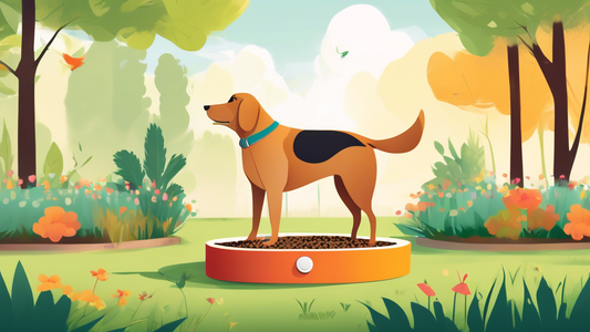 Create an image of a serene backyard with various types of outdoor dog feeders placed around. Include elevated feeders, ground-level bowls, automatic feeding stations, and weather-resistant designs. S