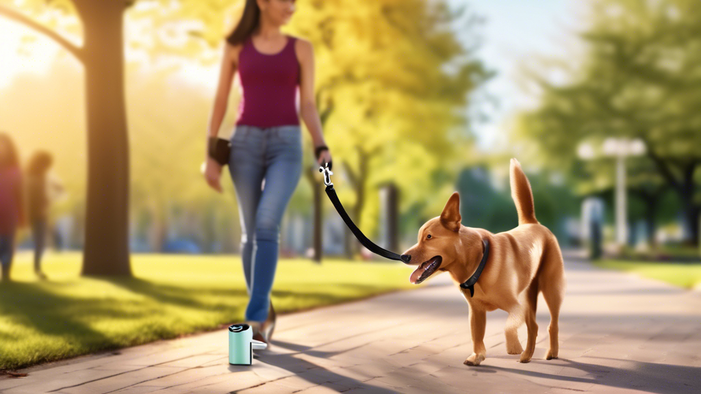 Create an image showing a happy dog being walked in a park by its owner. Attached to the dog's leash is a sleek, modern poop bag dispenser. The dispenser is stylish, easy to access, and seamlessly int