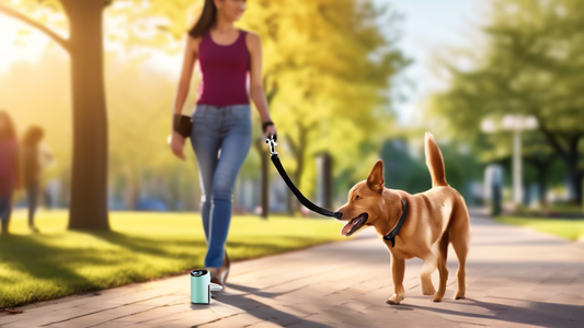 Create an image showing a happy dog being walked in a park by its owner. Attached to the dog's leash is a sleek, modern poop bag dispenser. The dispenser is stylish, easy to access, and seamlessly int