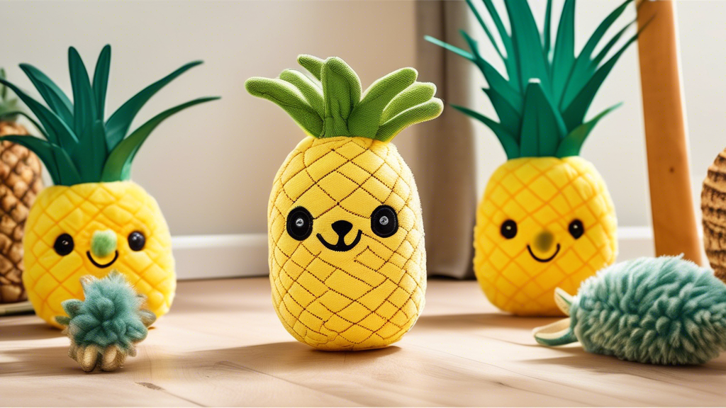 A cheerful, bright-colored dog toy shaped like a pineapple, featuring soft but durable material, intricate details such as textured skin, and a playful, engaging design. The pineapple dog toy has a cu