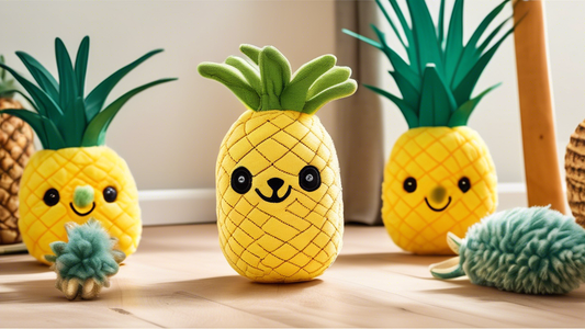 A cheerful, bright-colored dog toy shaped like a pineapple, featuring soft but durable material, intricate details such as textured skin, and a playful, engaging design. The pineapple dog toy has a cu