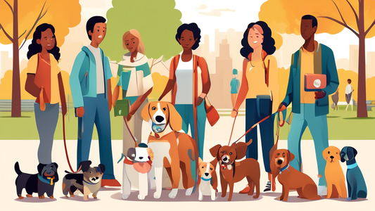 Create an illustration of a diverse group of pet owners in a park setting, each holding different types of dog leads. Feature a variety of dog breeds, and showcase different lead styles such as retrac