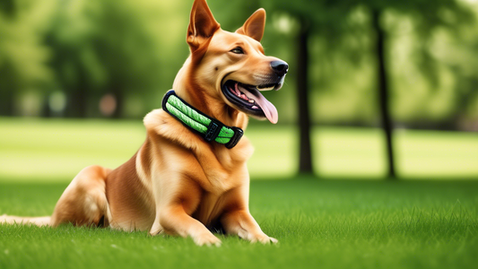 Create an image of a happy dog showcasing different stylish and durable rope dog collars in various colors and patterns. The dog is in an outdoor setting, perhaps a park, and the background features l