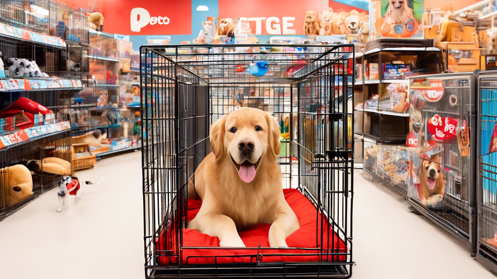 Create an image of a well-organized pet store aisle featuring various sizes of Petco dog crates, with a prominent focus on the XXL dog crate. The XXL crate is shown with a happy, large breed dog insid