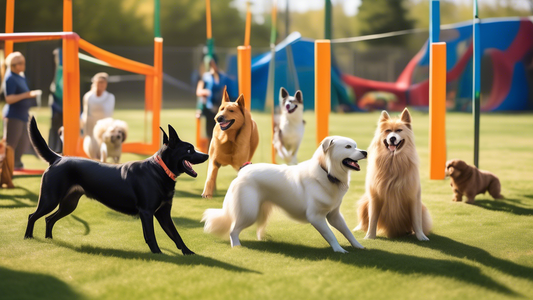 Create an image of a diverse group of dogs, including different breeds and sizes, happily participating in various training activities. The setting is a vibrant outdoor training facility with a few hu
