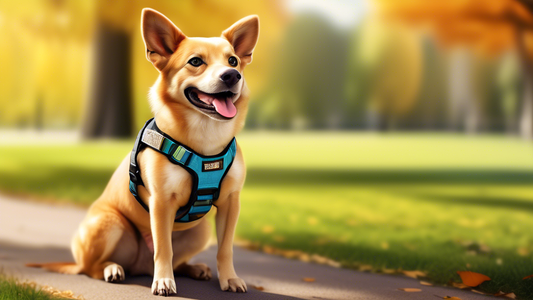A realistic, high-quality image of a happy dog wearing a stylish and comfortable harness with an attached built-in poop bag holder. The harness features a sleek design, vibrant colors, and durable mat