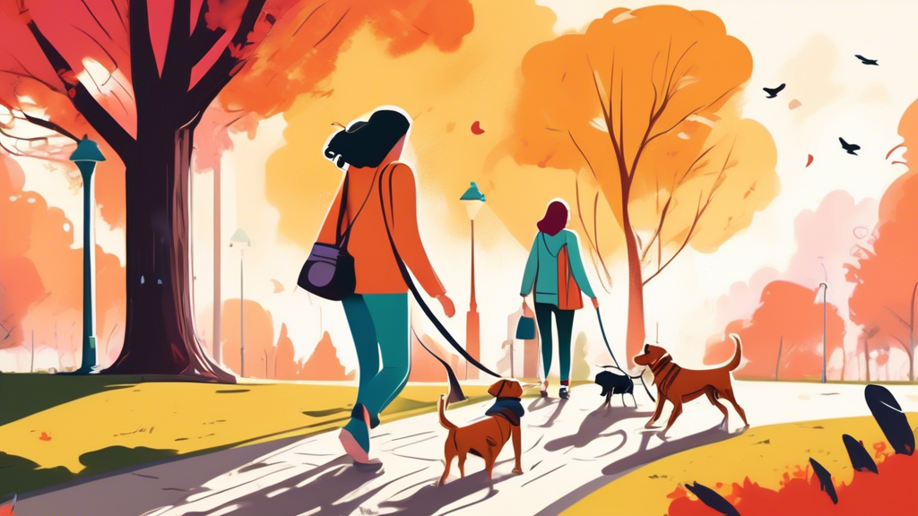 A detailed and vibrant illustration of a park setting with a person walking two dogs using a dual dog lead. The lead should be clearly visible in the image, showing how it comfortably manages both dog