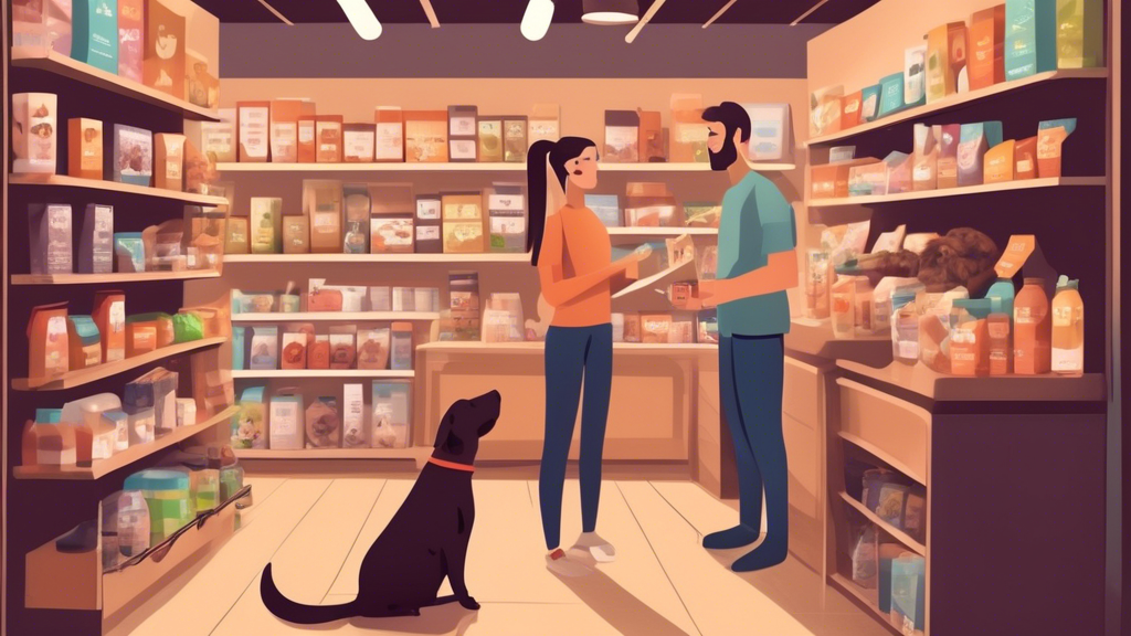 Create an image showing friendly pet store owners in a cozy, well-organized store dedicated to pets. Shelves are stocked with various frozen raw dog food products from local suppliers. The scene also 