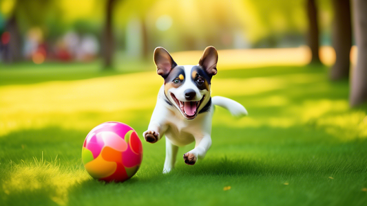 Create an image of a playful dog in a vibrant park setting, enthusiastically interacting with a colorful Starmark Ball. Show the ball's unique design, including its bumpy texture and bright colors, wh