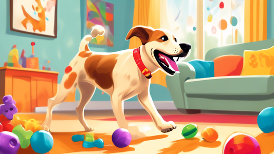 Create an image of a happy dog playing with a small Kong Wobbler in a bright, cheerful living room. The dog is enthusiastically nudging the Wobbler, while colorful toys and cozy pet accessories can be