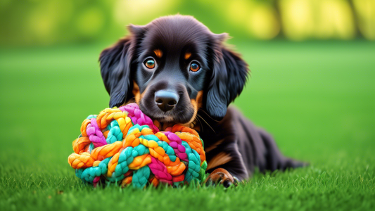 Create a close-up image of a colorful, densely woven rope ball dog toy, partially frayed from use, lying on soft green grass. Surrounding the toy, include playful paw prints and a few scattered dog tr