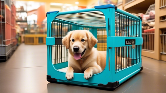 Create a detailed and cheerful image of a variety of 42-inch dog crates in a pet store setting, featuring different designs, colors, and materials. Display happy, well-behaved dogs of various breeds c